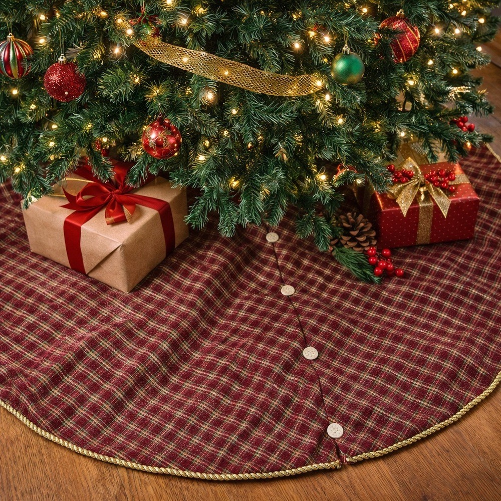48" Maroon Plaid Glitter Button Tree Skirt Primitive Country Christmas Decor